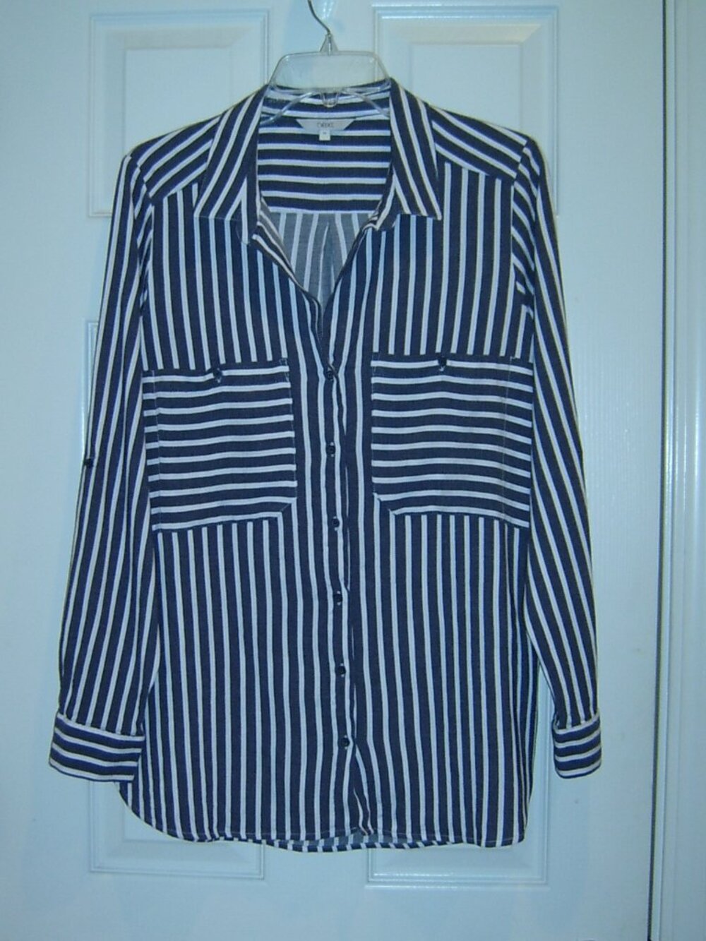 Vintage Next Woman's Gray & White Striped Blouse, Size 14